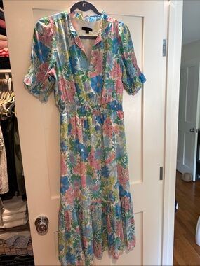 J. Crew Floral Midi Dress in Pink, Blue & Green